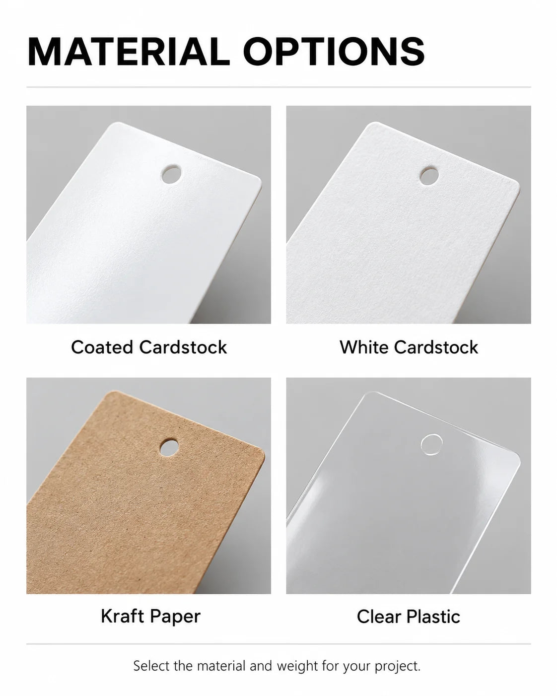 Material options guide displaying coated cardstock, white cardstock, natural kraft paper, and clear plastic substrates
