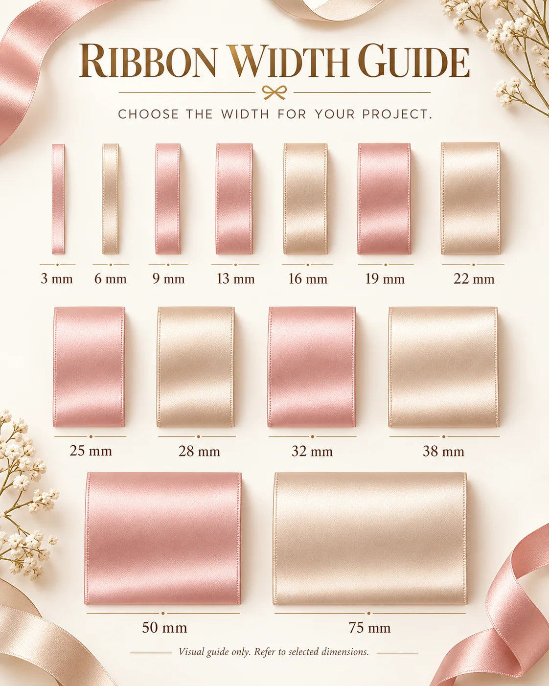 Ribbon width guide with pink and ivory samples labeled 3, 6, 9, 13, 16, 19, 22, 25, 28, 32, 38, 50 and 75 mm