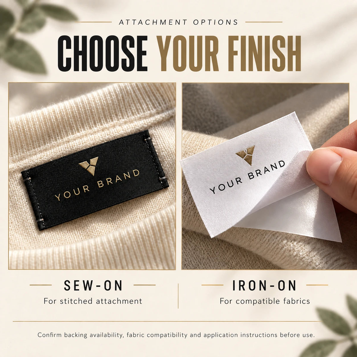 Woven clothing label attachment options showing sewn stitching and iron-on backing