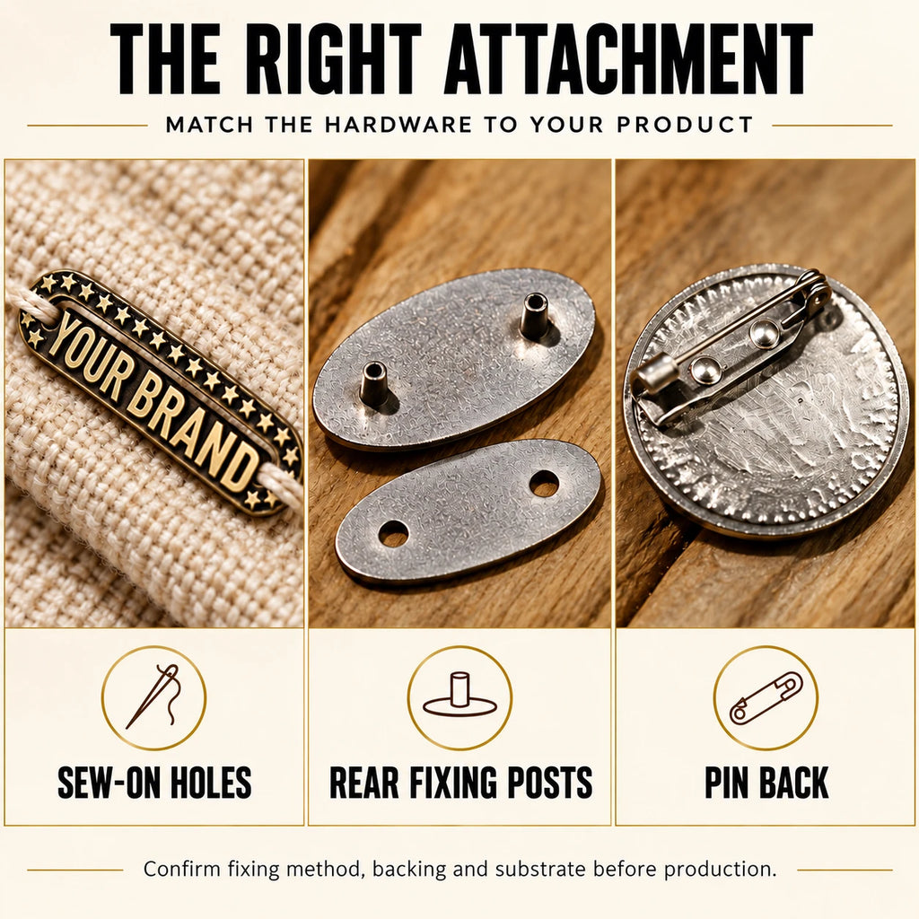 Hardware attachment methods guide demonstrating sew-on holes, rear fixing posts with backer plate, and pin back options