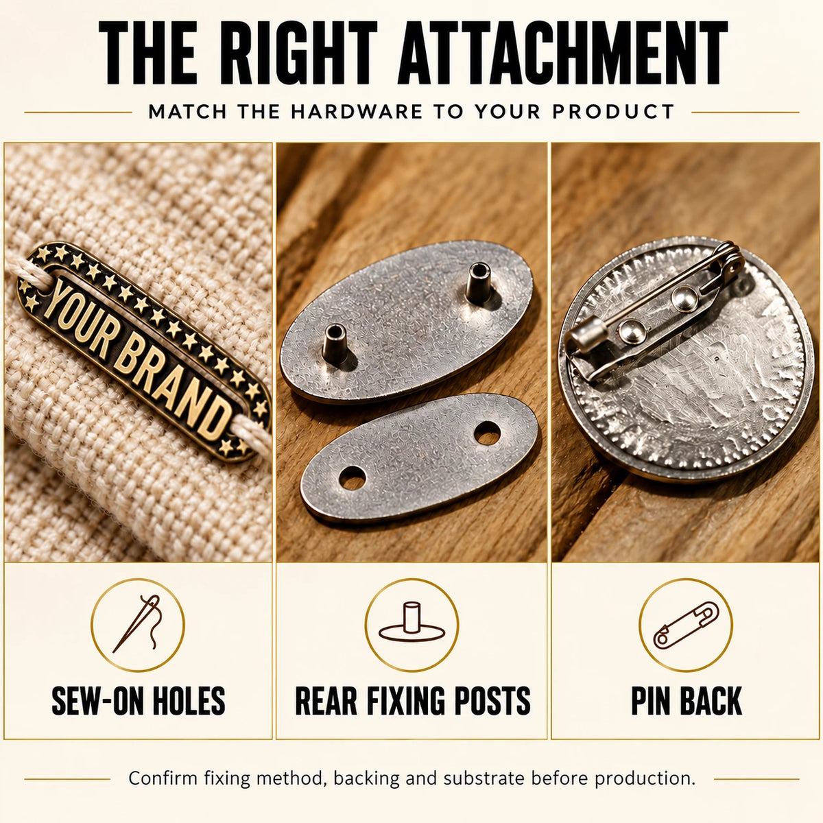 Hardware attachment methods guide demonstrating sew-on holes, rear fixing posts with backer plate, and pin back options
