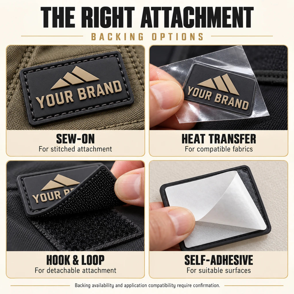Four silicone patch backing examples: sewn attachment, heat transfer film, hook and loop, and peel-away adhesive liner