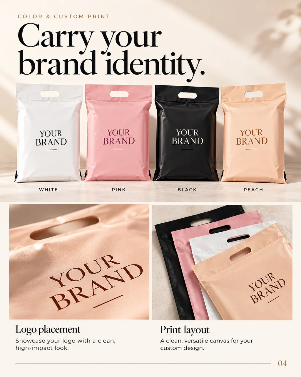 White, pink, black and peach handle mailer bags with brand printing examples and close-ups of logo placement and layered color options