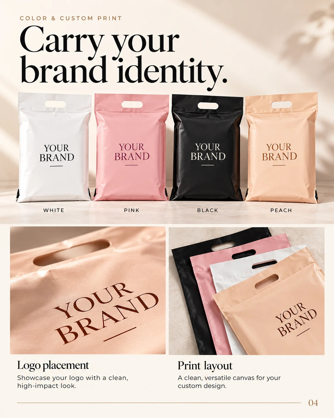 White, pink, black and peach handle mailer bags with brand printing examples and close-ups of logo placement and layered color options