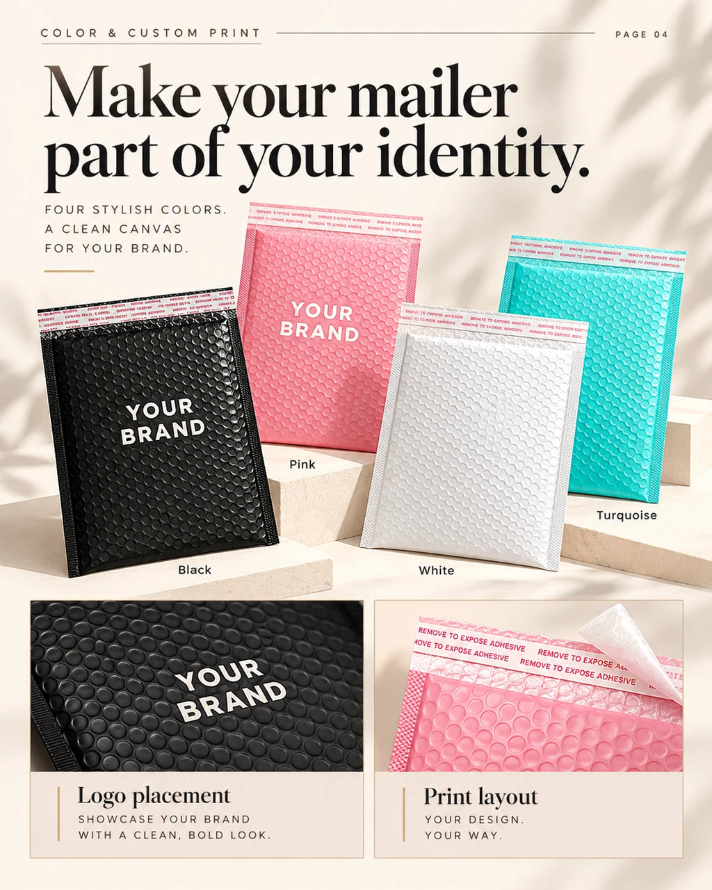 Black, pink, white and turquoise bubble mailers with brand logo examples and close-ups of the textured surface and peel-off adhesive flap