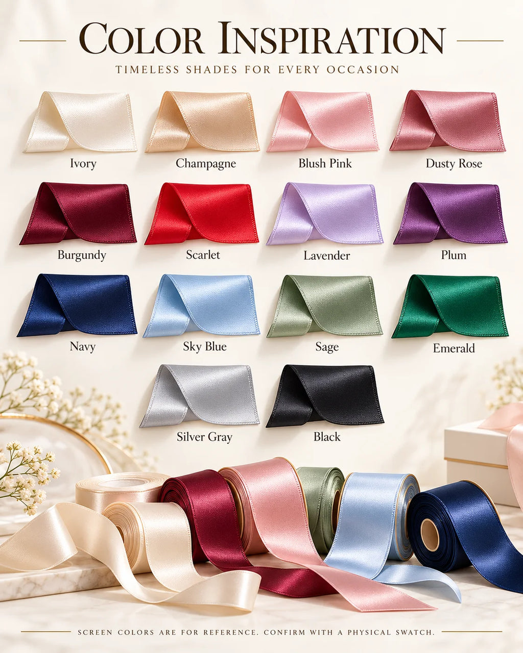 Ribbon color chart showing ivory, champagne, blush pink, dusty rose, burgundy, scarlet, lavender, plum, navy, sky blue, sage, emerald, silver gray and black