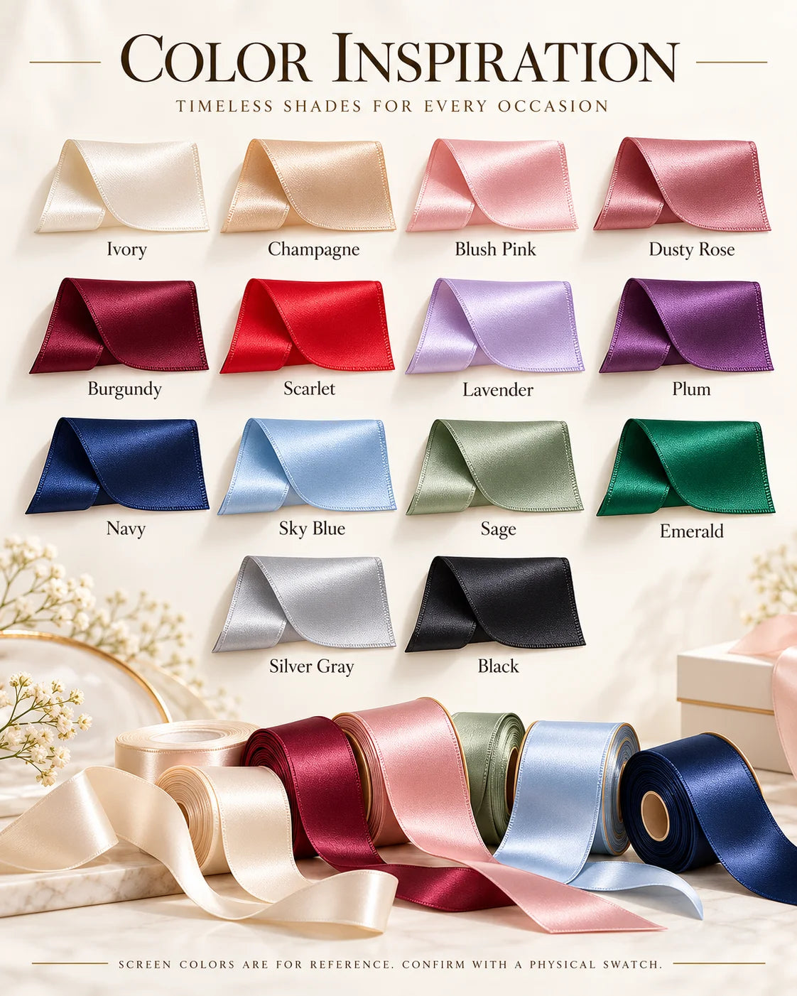 Ribbon color chart showing ivory, champagne, blush pink, dusty rose, burgundy, scarlet, lavender, plum, navy, sky blue, sage, emerald, silver gray and black