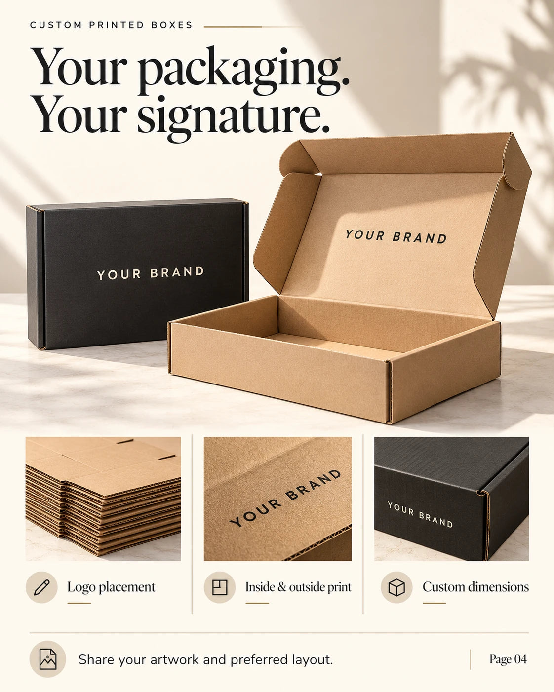 Kraft and black branded mailer boxes illustrating logo placement, interior and exterior printing, and custom dimensions