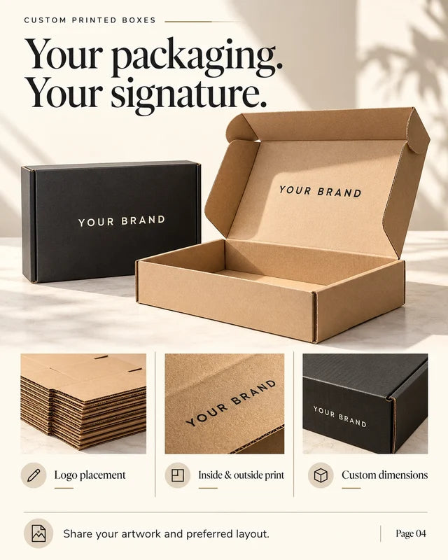 Kraft and black branded mailer boxes illustrating logo placement, interior and exterior printing, and custom dimensions