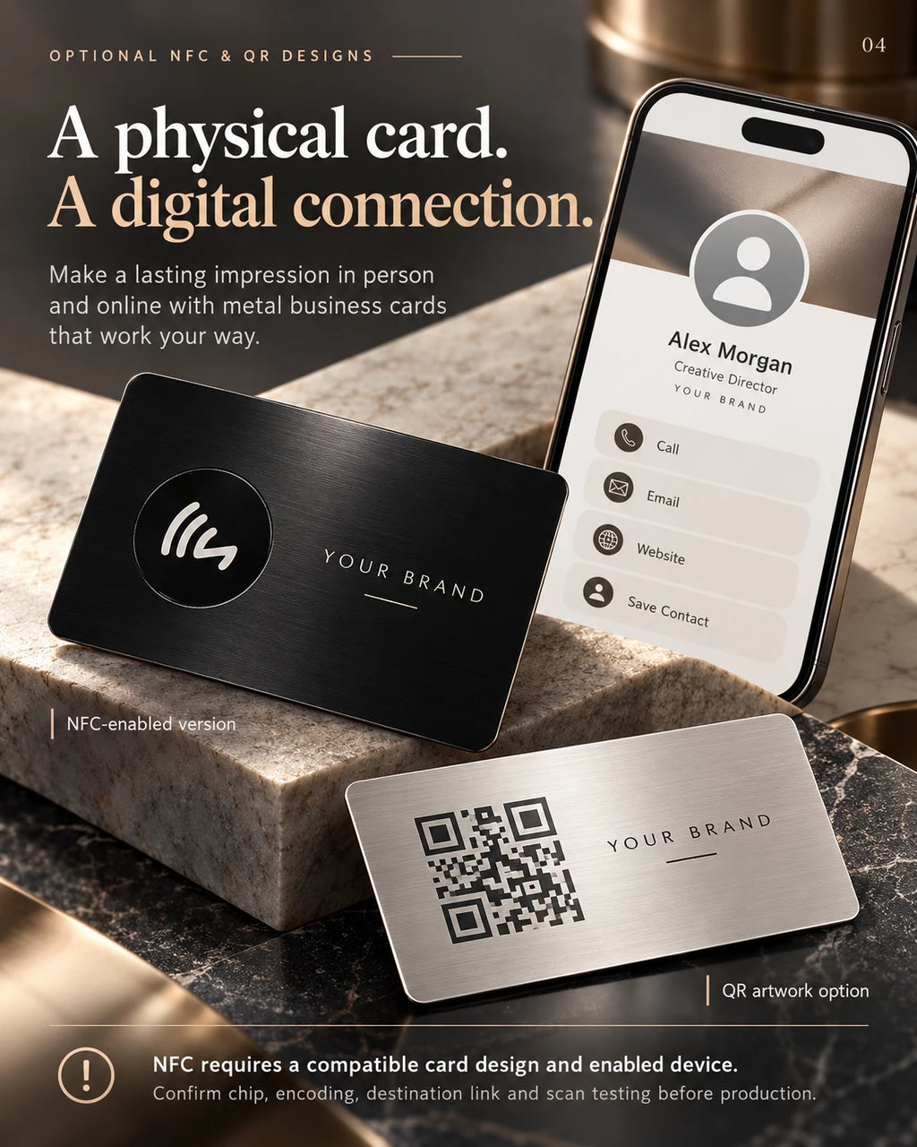 Metal business cards displayed with a smartphone and QR code examples for optional digital contact features