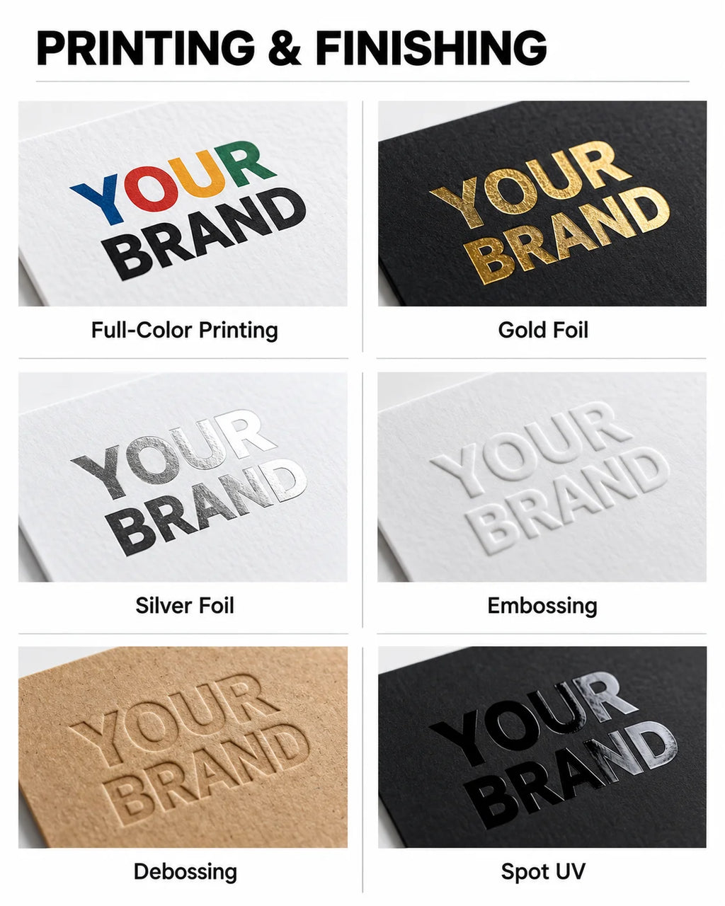 Printing and surface finishing techniques including full-color print, gold foil, silver foil, embossing, debossing, and spot UV