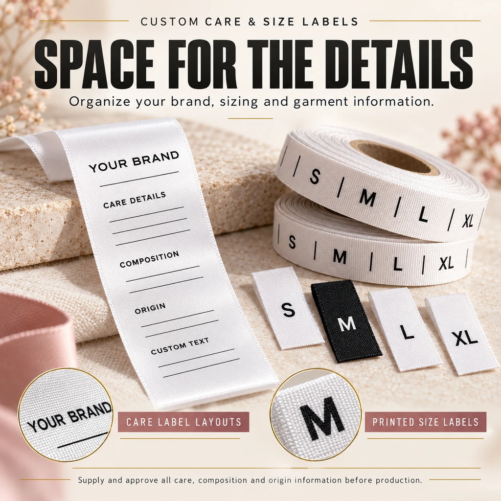Printed clothing label information examples with brand text, care symbols and size markings