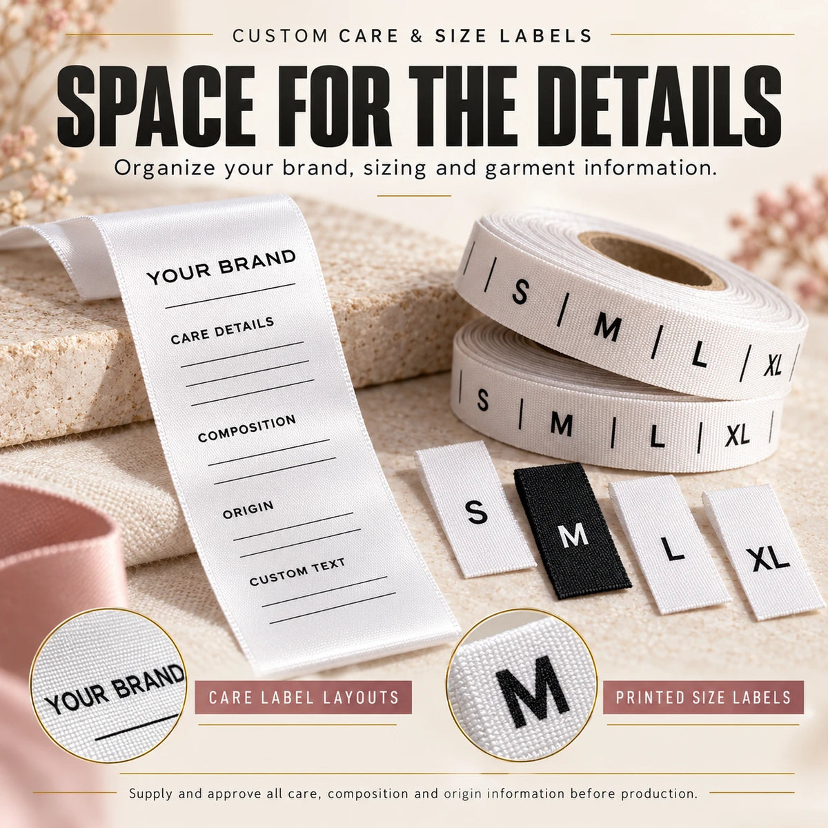 Printed clothing label information examples with brand text, care symbols and size markings
