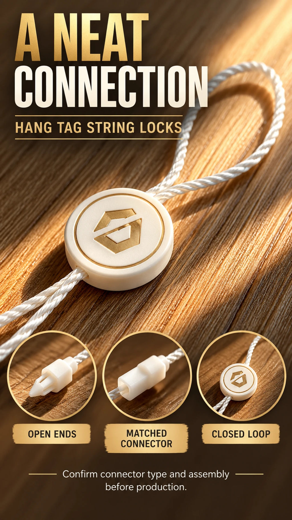 Infographic explaining plastic snap lock fastener mechanism for secure hang tag attachment