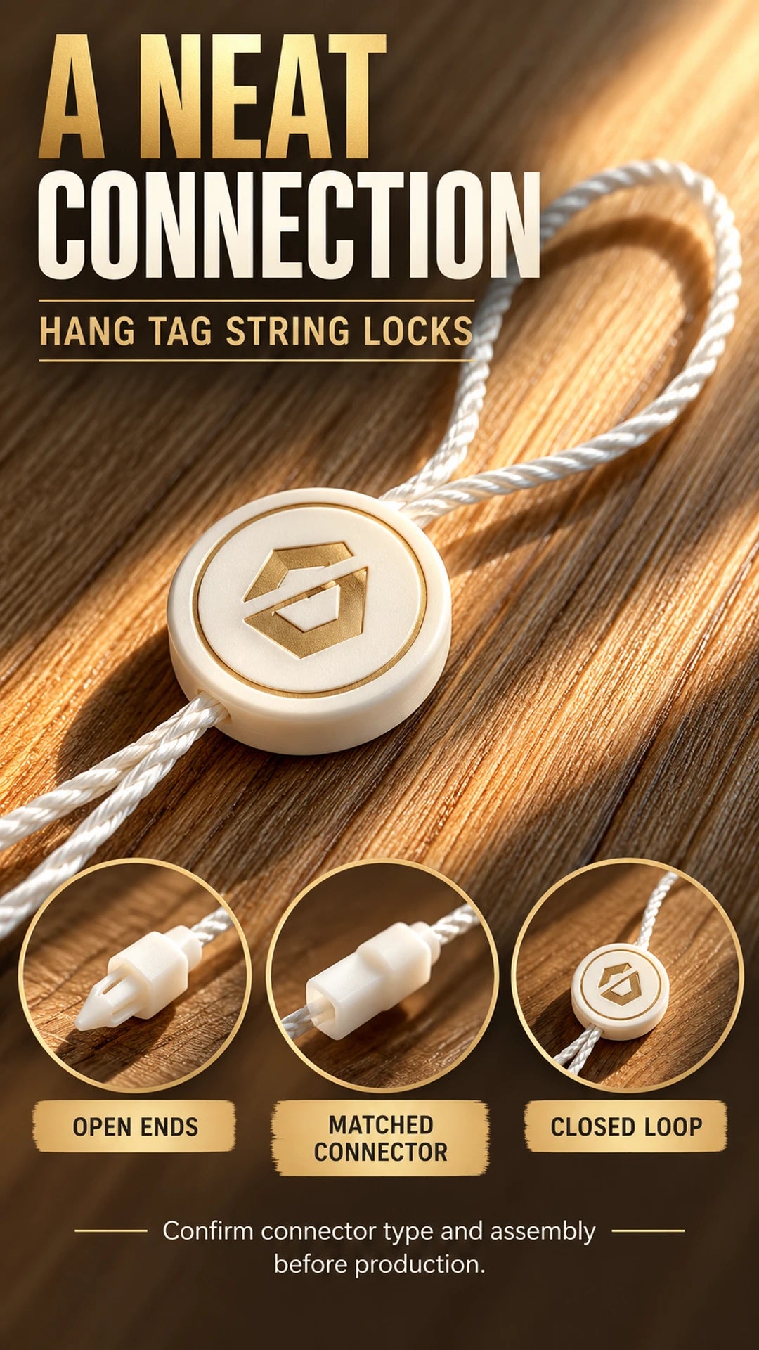 Infographic explaining plastic snap lock fastener mechanism for secure hang tag attachment