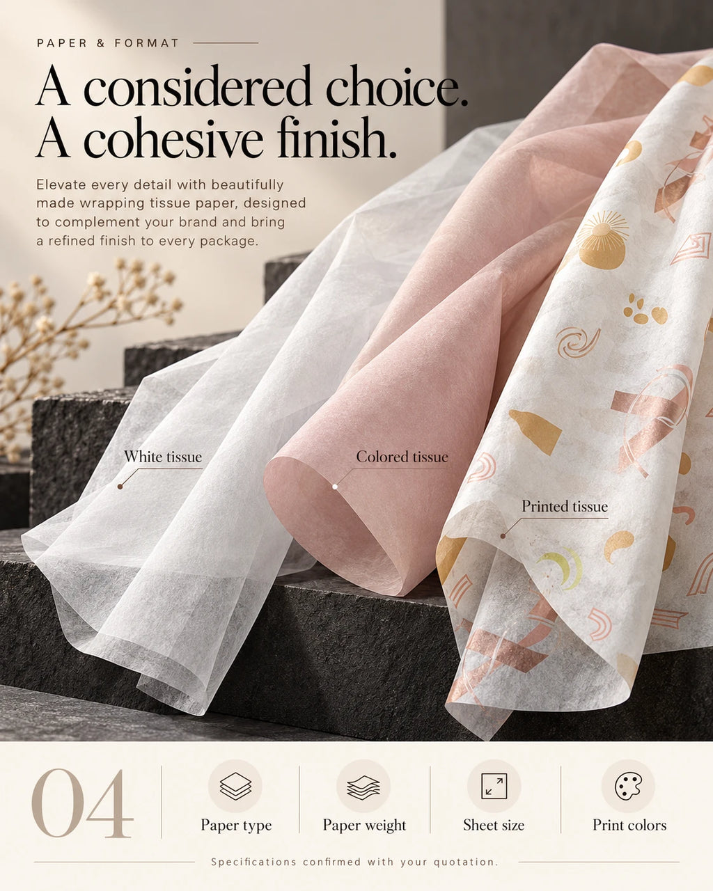 White, pink and patterned wrapping tissue paper displayed with paper type, weight, sheet size and print color options