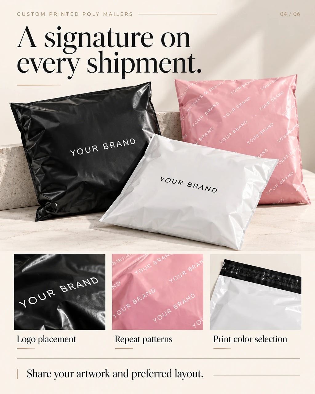Black, white and pink mailing bags showing custom logo placement and printed artwork