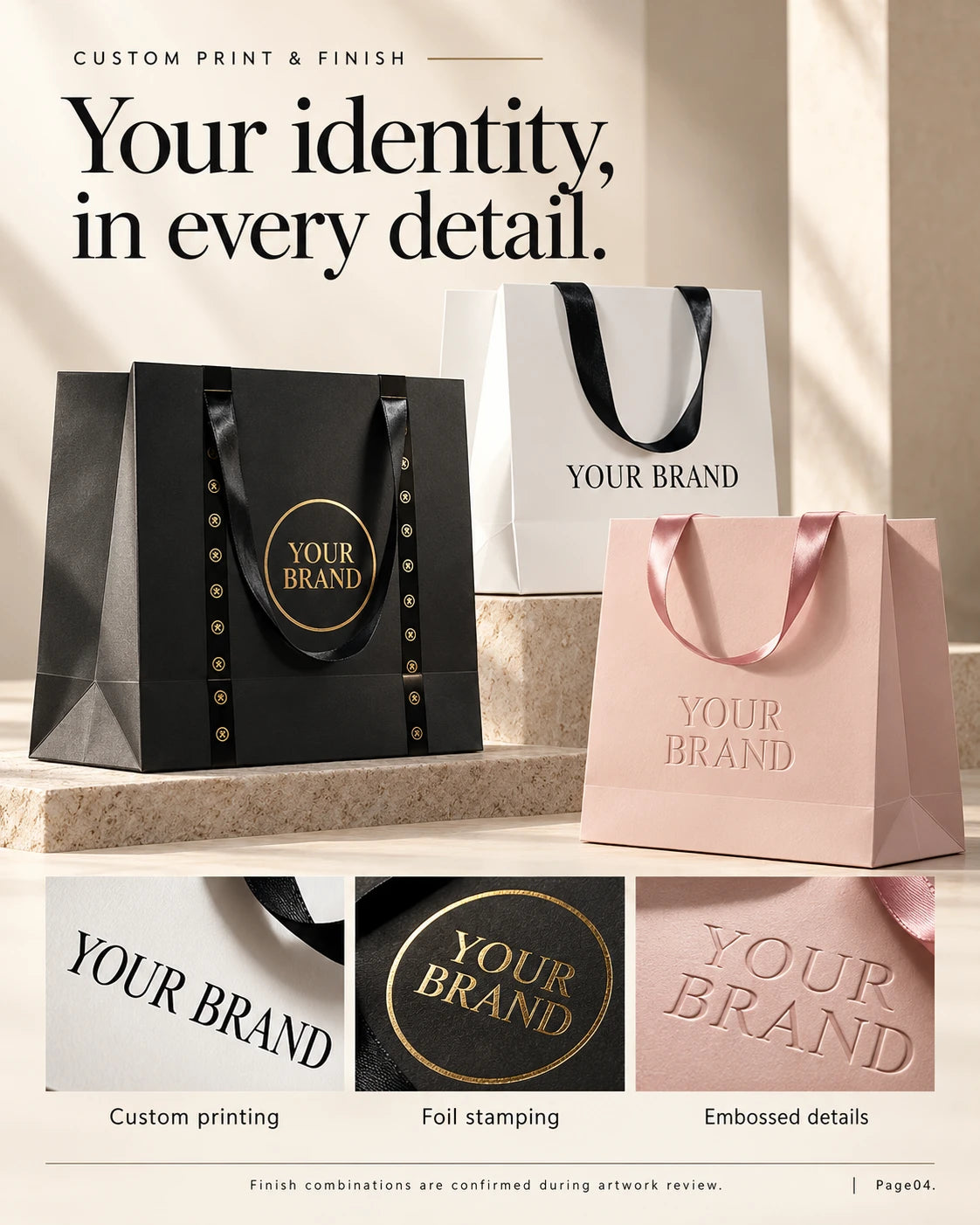 Branded paper bags showing logo printing, decorative finishes and printed design details