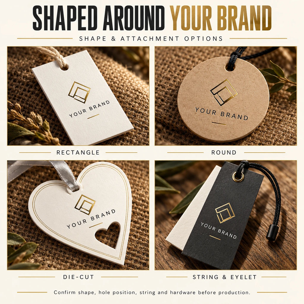 Custom hang tag shapes and string attachment examples including round and heart designs