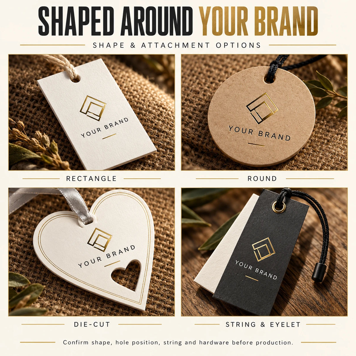 Custom hang tag shapes and string attachment examples including round and heart designs