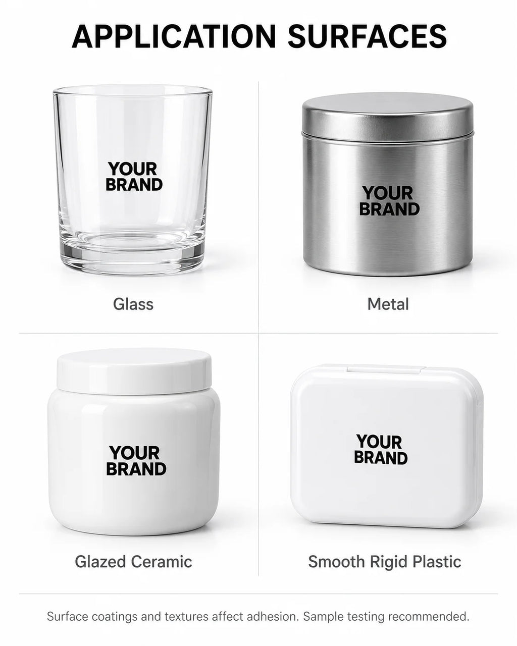 UV transfer branding examples on glass, metal, glazed ceramic and smooth rigid plastic