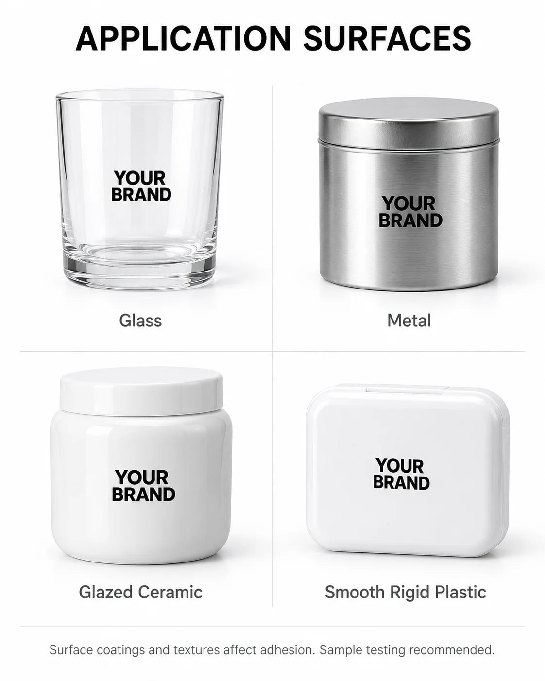 UV transfer branding examples on glass, metal, glazed ceramic and smooth rigid plastic