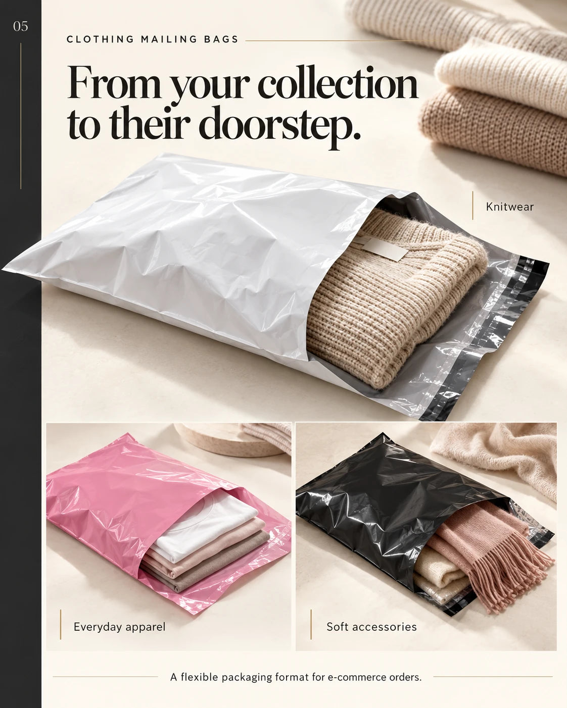 Plastic mailing bags used with folded clothing, small retail orders and packaged accessories