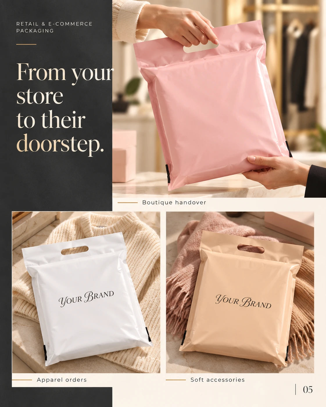 Pink handle mailer bag being handed to a customer, with white and beige branded bags displayed on knitwear and soft accessories