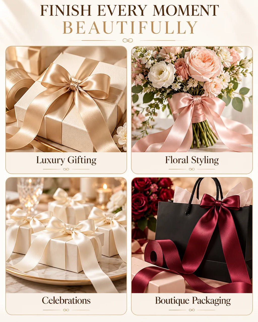 Ribbon application collage showing a gold bow on a gift box, a pink bouquet tie, ivory celebration favors and a burgundy bow on a boutique shopping bag