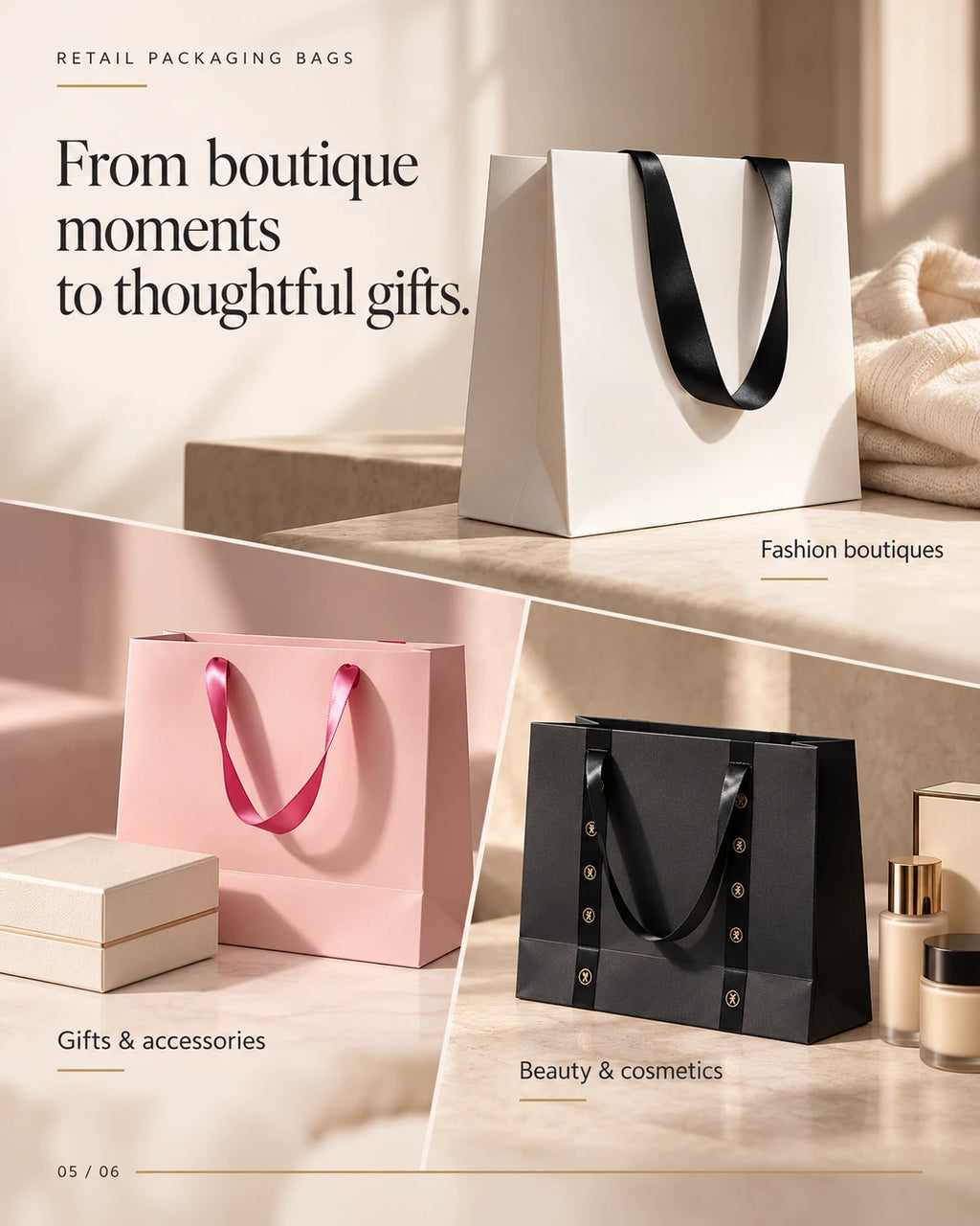 Paper shopping bags presented for fashion, beauty and gift packaging