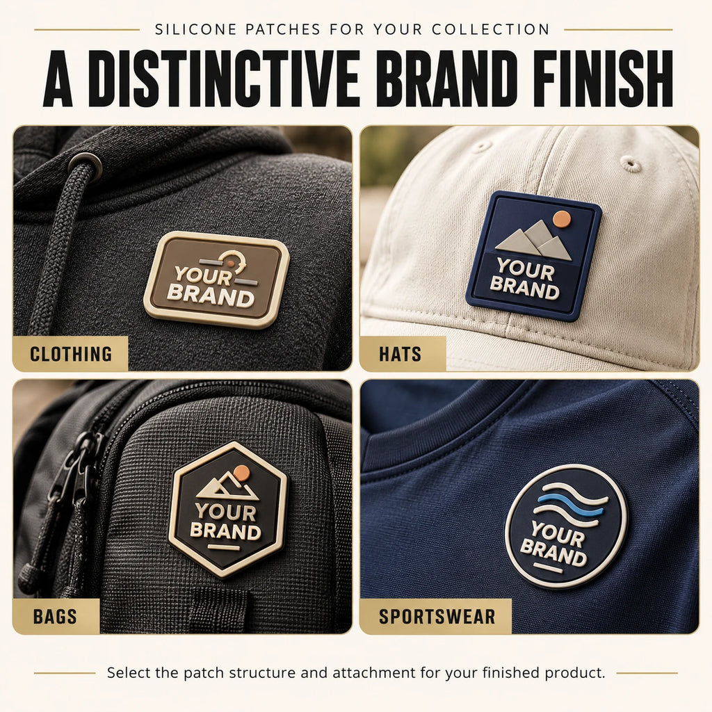 Silicone brand patch application examples on a dark hoodie, cream cap, black bag and navy sportswear