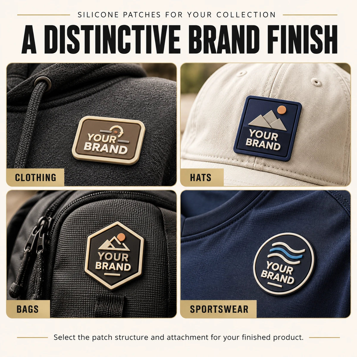 Silicone brand patch application examples on a dark hoodie, cream cap, black bag and navy sportswear