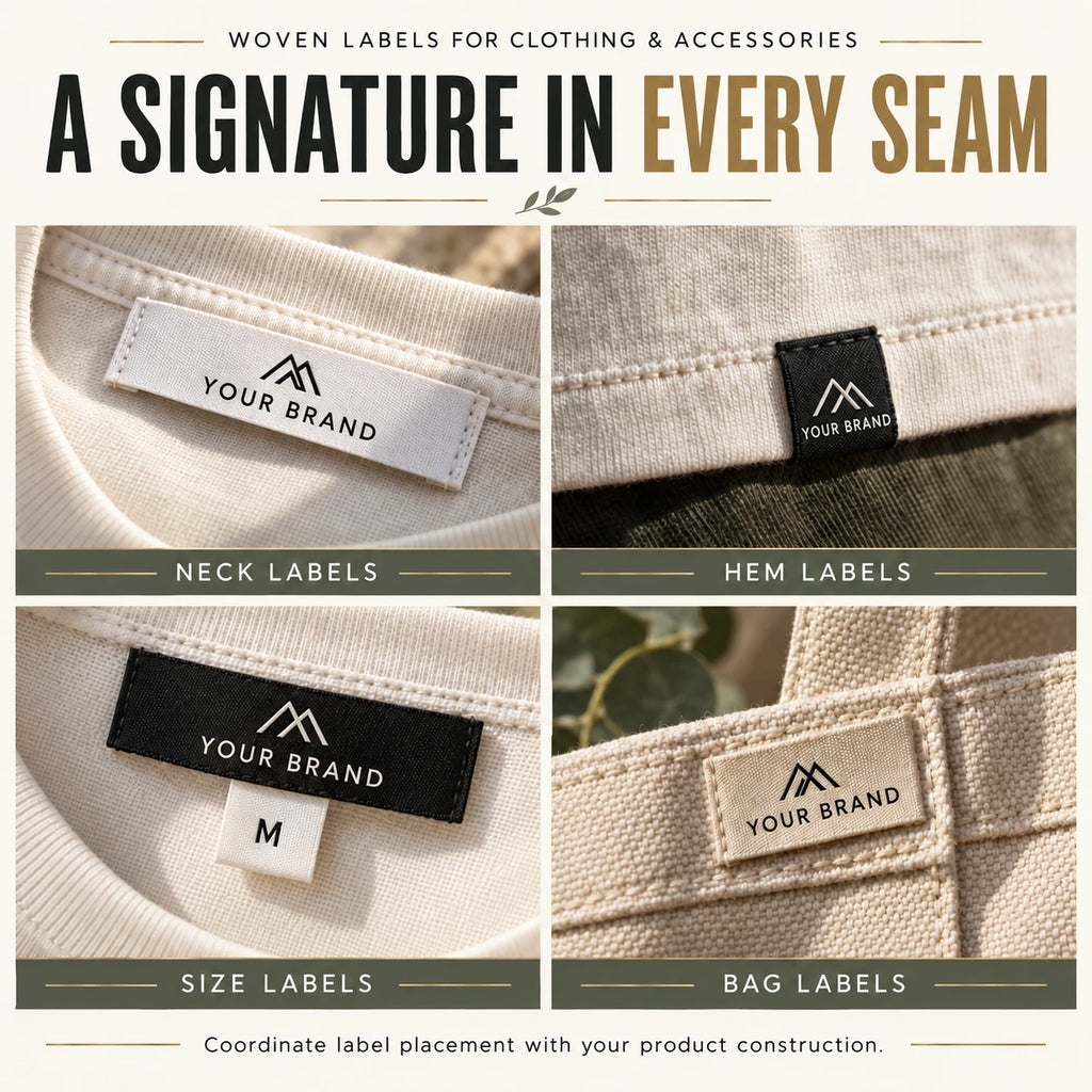 Woven label placement examples on necklines, garment hems, size tabs and bags