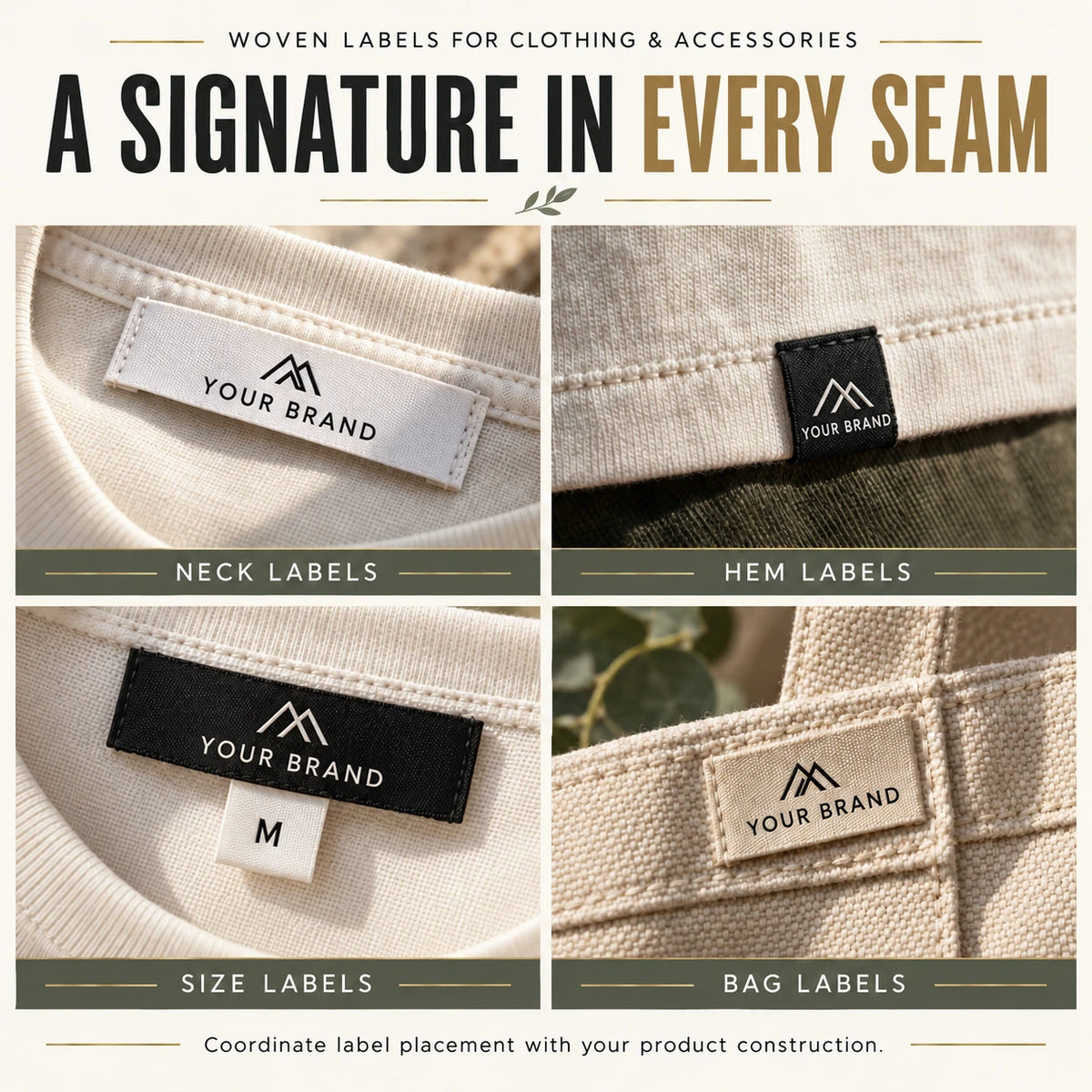 Woven label placement examples on necklines, garment hems, size tabs and bags