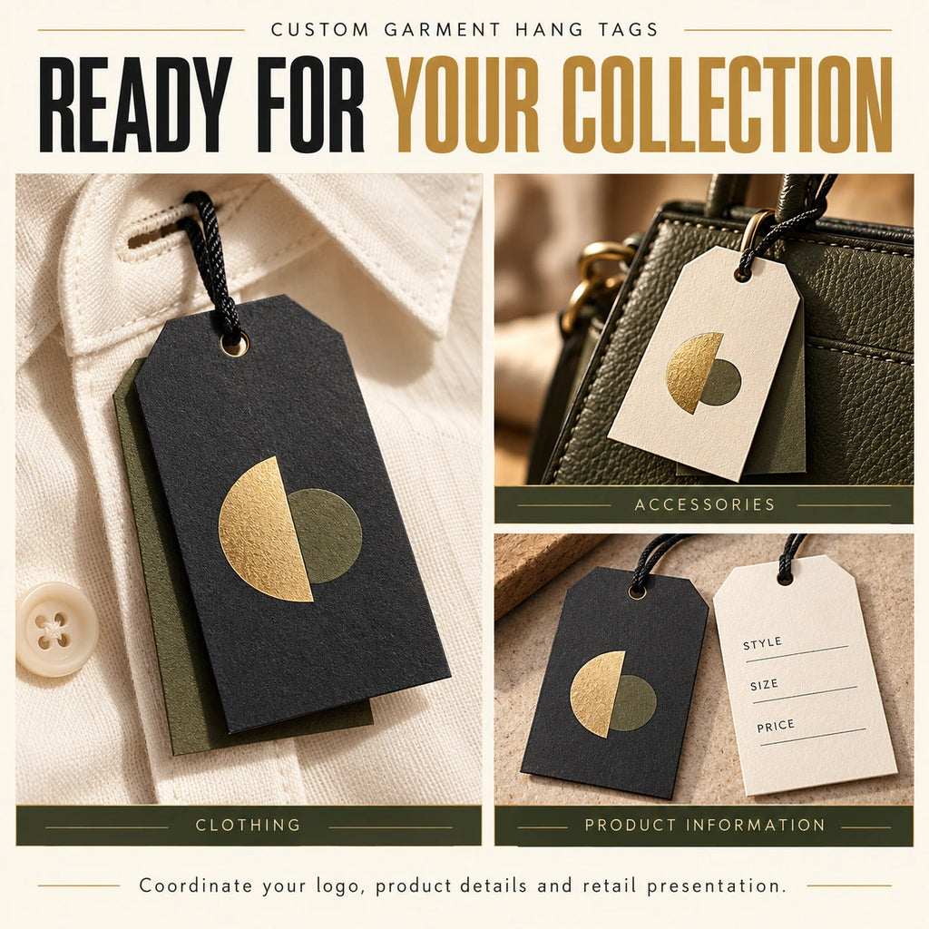 Custom hang tags displayed on clothing and accessories for retail brand presentation