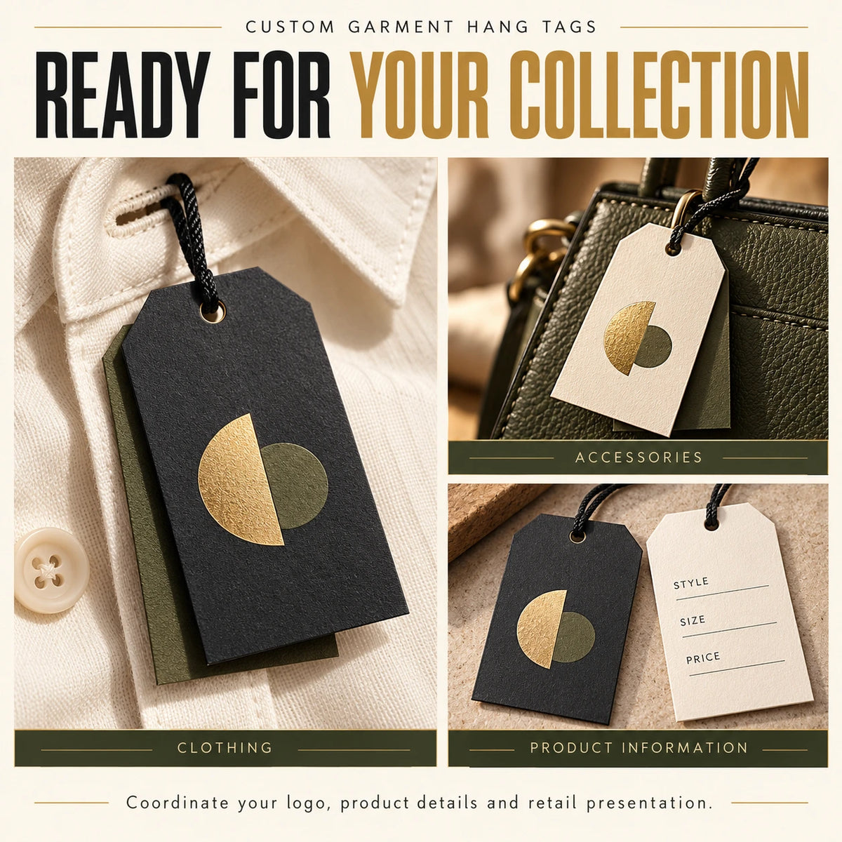 Custom hang tags displayed on clothing and accessories for retail brand presentation