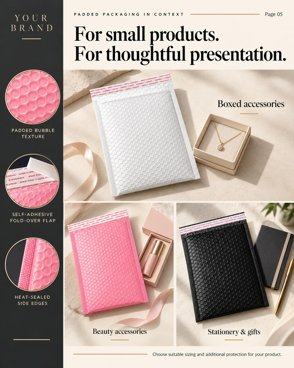 Bubble mailers displayed with small retail products and gift packaging examples