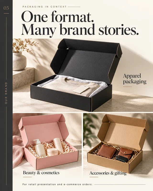 Black, pink and kraft mailer boxes used to package apparel, cosmetics and leather accessories