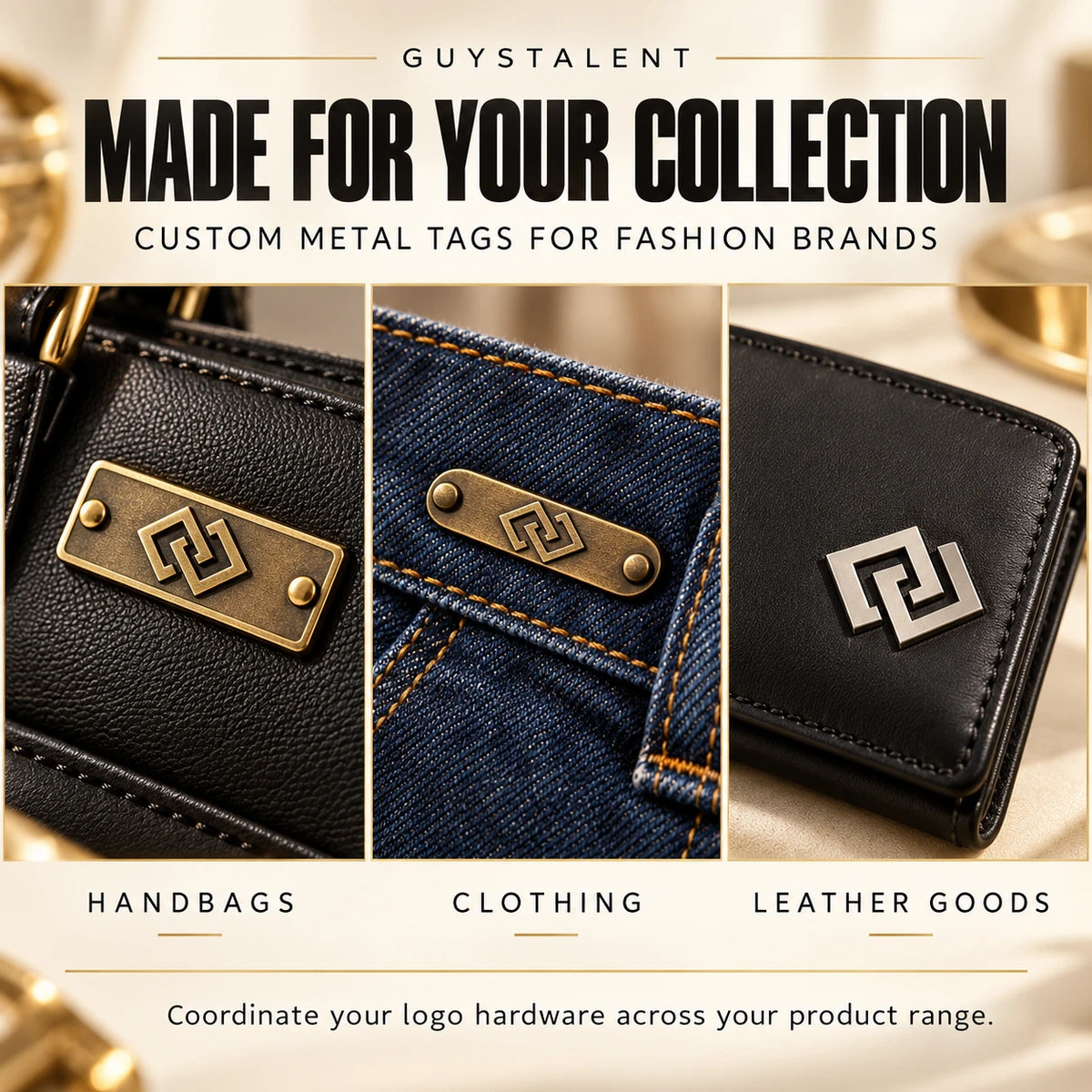 Application guide showing custom metal tags installed on leather handbags, denim clothing, and leather goods