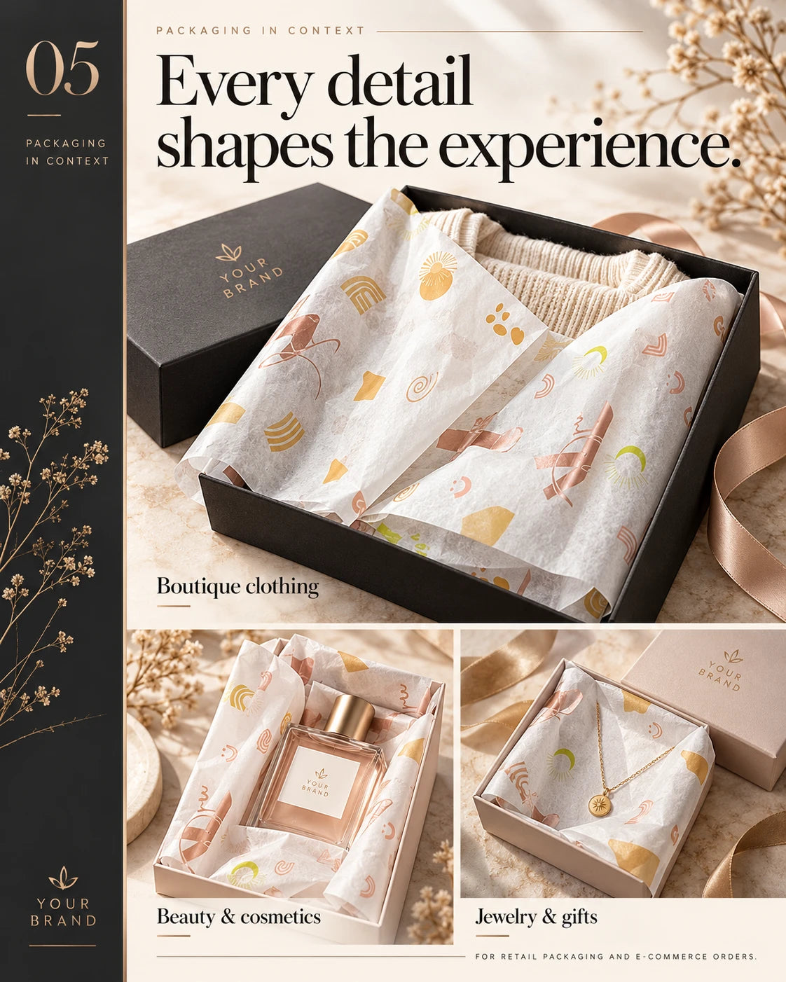 Printed tissue paper lining gift boxes for boutique clothing, a perfume bottle and jewelry