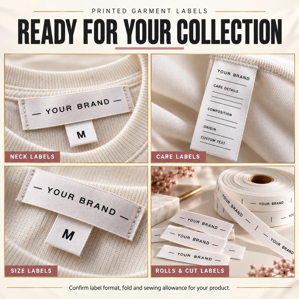 Printed label format and application examples for garment branding, care and sizing