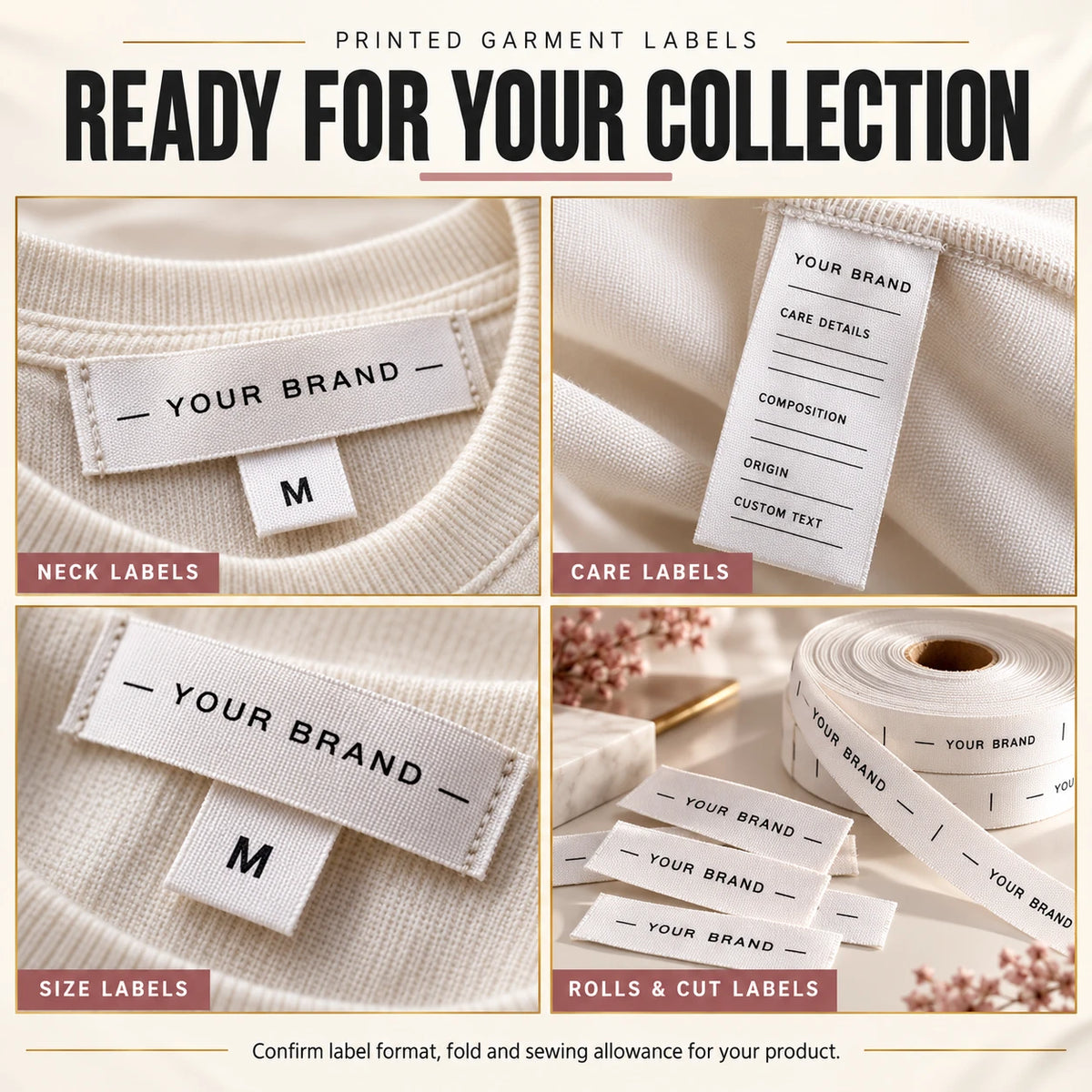 Printed label format and application examples for garment branding, care and sizing