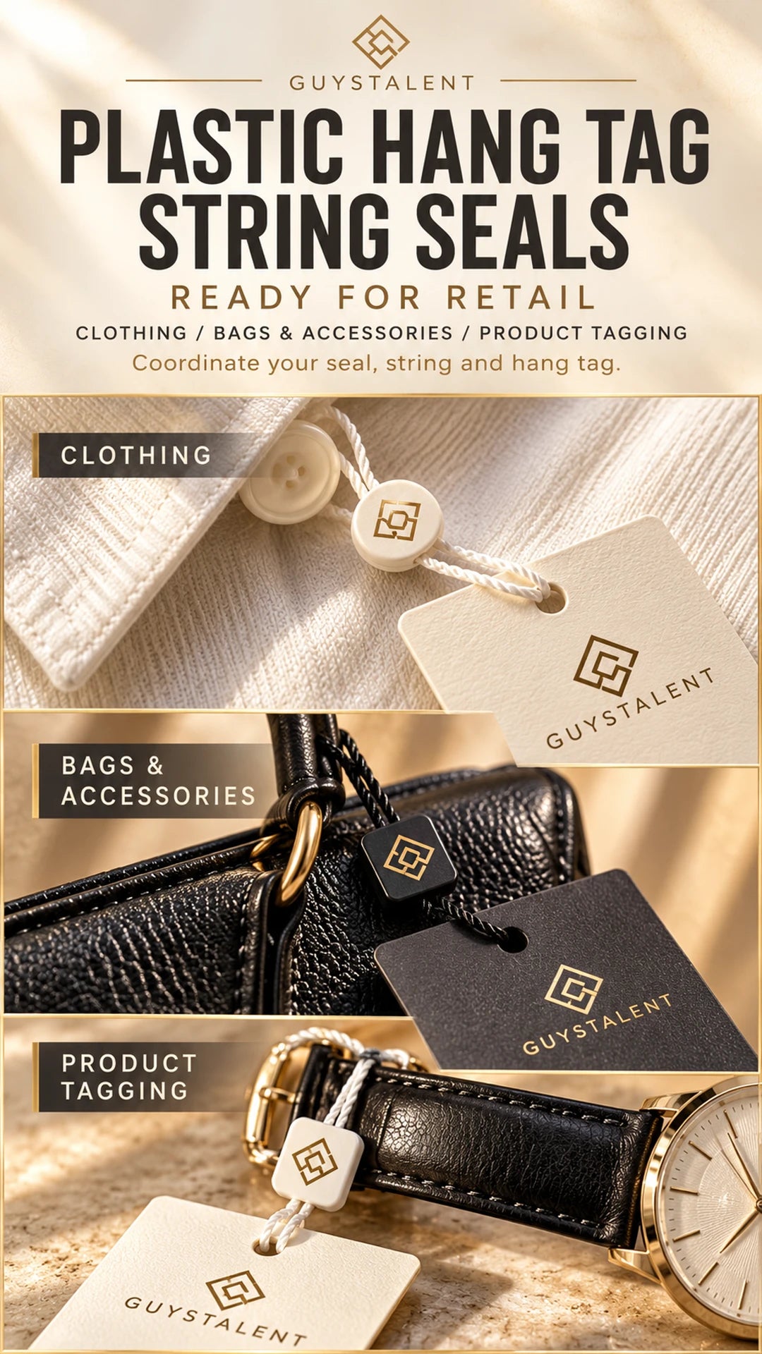 Infographic showing plastic hang tag string seal applications on apparel and accessories