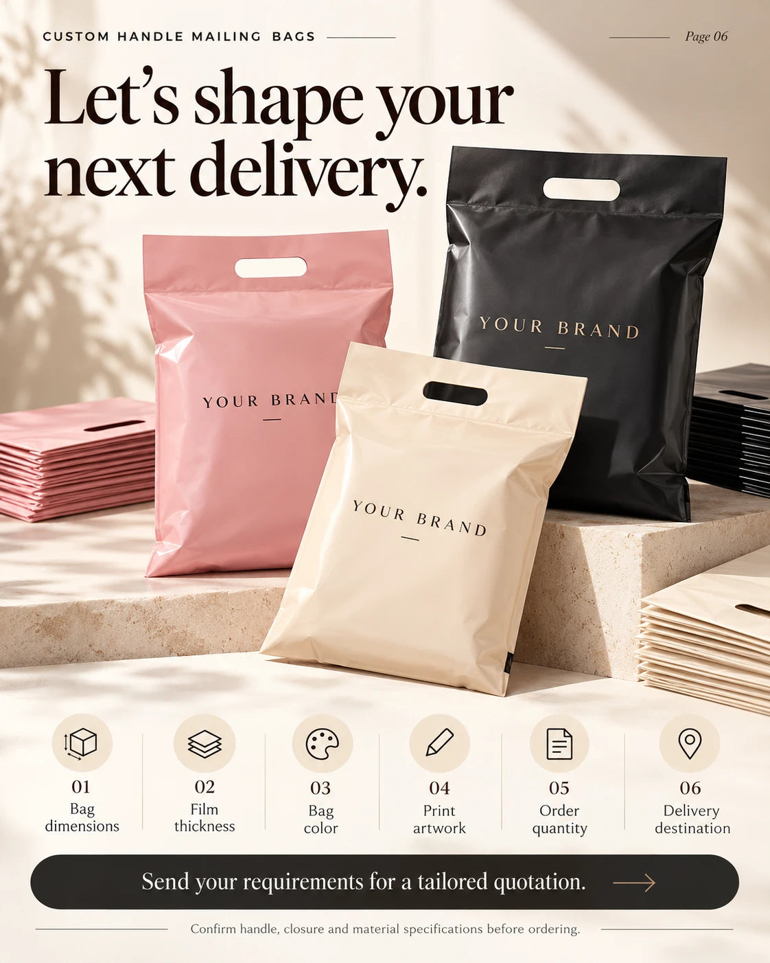 Pink, black and cream branded handle mailer bags with a quotation checklist for dimensions, film thickness, color, artwork, quantity and delivery destination