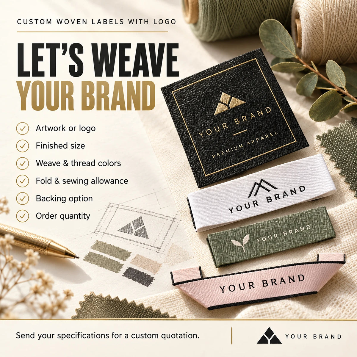 Custom woven label quotation checklist with artwork, finished size, colors, folds, backing and order quantity