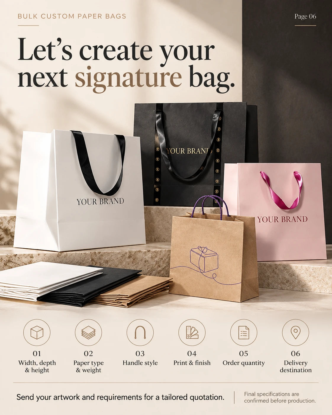 White, black, pink and kraft paper bags displayed with an English custom-order enquiry checklist