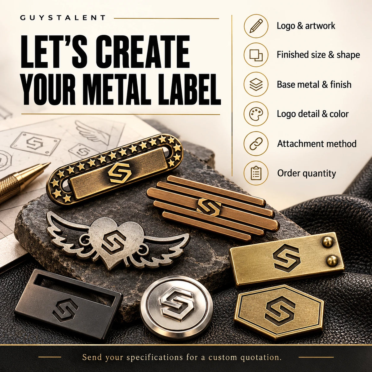 Custom metal label ordering checklist detailing logo artwork, size, base metal, finish, and attachment options