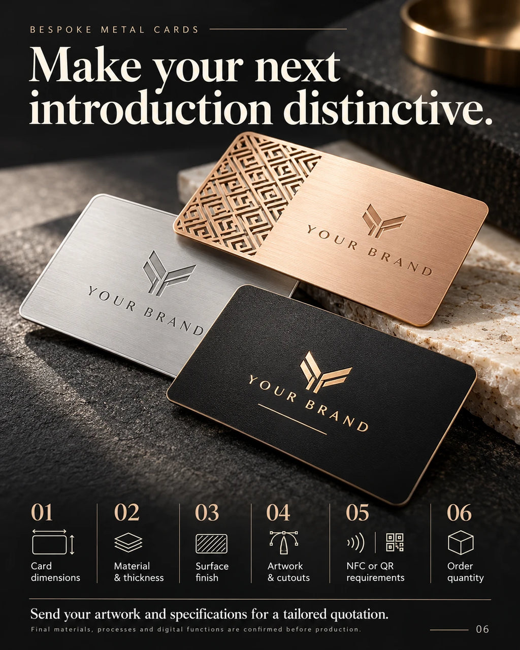 Custom metal business cards displayed with an English checklist for an order enquiry