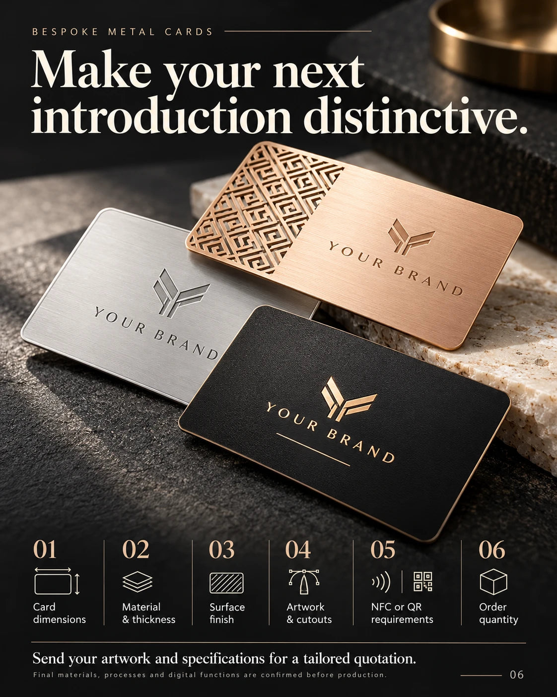 Custom metal business cards displayed with an English checklist for an order enquiry