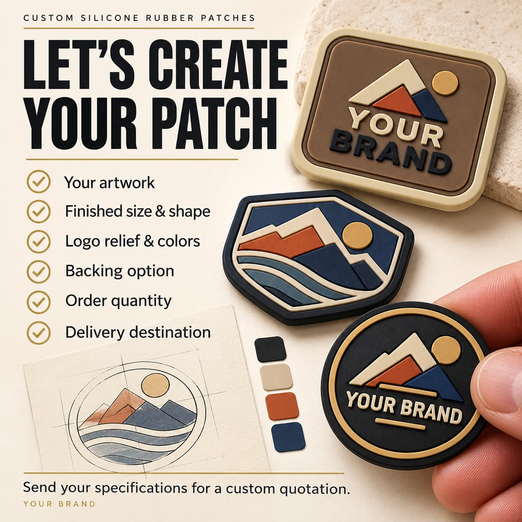 Custom silicone patch quotation checklist with artwork, dimensions, relief, colors, backing, quantity and destination